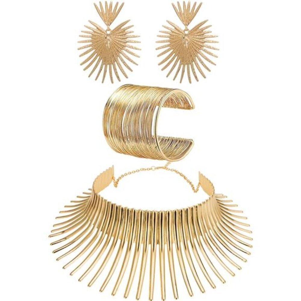 Bohemian Statement Gold Collar Necklace, Cuff Bracelet & Earrings Set Tribal